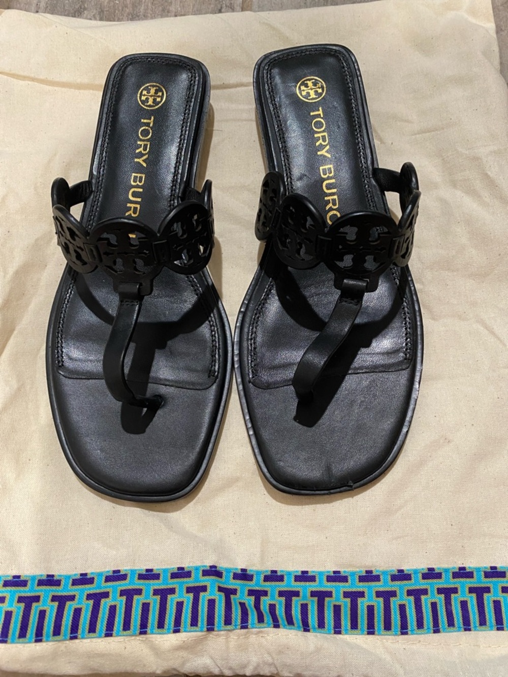Tory Burch Black Leather Logo Thong Sandals - Size 7 M